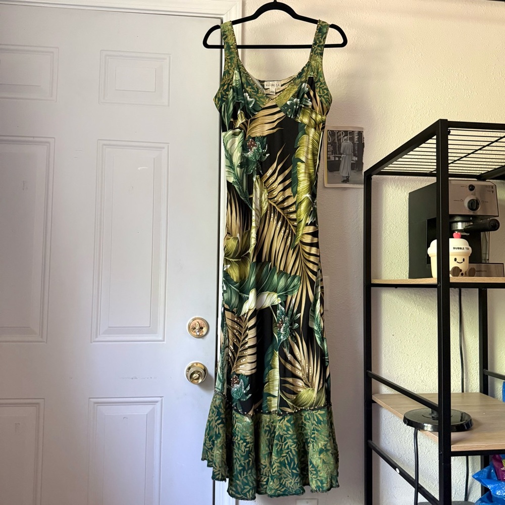 KU DE TA green tropical floral beaded sequin ruffle hem midi maxi dress